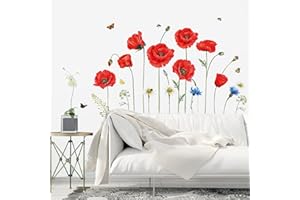 decalmile Adesivi Murali Papaveri Rossi Adesivi da Parete Fiori Farfalla Decorazione Murale Hotel Ufficio Soggiorno Camera da Letto