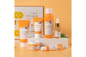 LAIKOU Ensemble de Sérum Visage à la Vitamin C, 6 Pièces Coffret Cadeau Femme Soins pour le Visage, Sérum à la Vitamine C Nettoyant Toniqu Crème Solaire Yeux Sérum Crème, pour Adolescentes Femmes