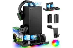 MENEEA Upgrade-Lüfter-Typ Dual Ladeständer für Xbox Series X Konsole Controller, Kühler Ladestation System für Serie X mit 15 RGB Lichtern,2 x 1400mAh wiederaufladbare Batterie,Disc Zubehör Lagerung