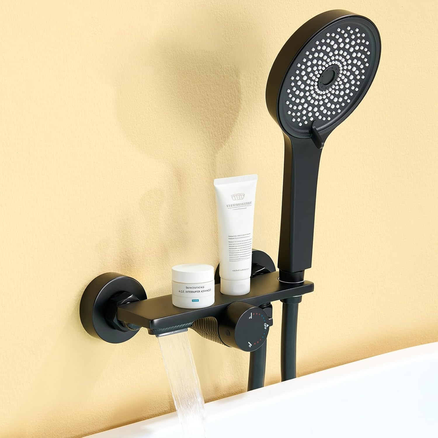 Auralum Conjunto de Grifo de Bañera y Ducha con Cascada, Mezclador Monomando de Latón con Estante de Almacenamiento, Alcachofa de Mano 5 Modos y Manguera 1.5m, Sistema de Ducha de Pared, Negra