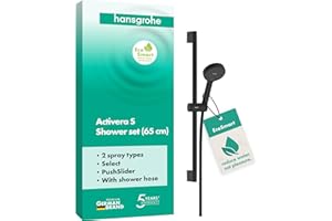 hansgrohe Activera Select S - Zestaw prysznicowy z głowicą prysznicową oszczędzający wodę (EcoSmart, 2-strumieniowa), wąż prysznicowy (1,60 m) i drążkiem (0,65 m), czarny matowy, 28044670
