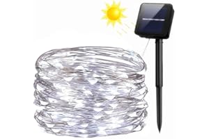 FANSIR Solar String Lights, 100 LED Solar Fairy Lights 33 feet 8 Modes Silver Wire Lights Waterproof Outdoor String Lights for Garden Patio Gate Yard Party Wedding Indoor Bedroom (Cool White)