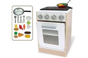 Teorema Giocattoli 40640 - Forno Piano Cottura in Legno Giocattolo per bambini con Piastra a Batterie Accessori, Altezza 40cm, con luci ed effetti sonori Marrone, Bianco E Grigio