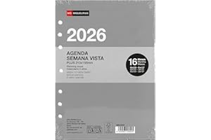 Miquelrius - Recambio agenda 2026 anillas, 16 meses, Semana vista vertical, Tamaño A5 ampliado (155 x 213 mm), Planificador interior semanal reemplazable 6 anillas, Español-EN-PT