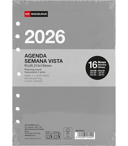 Ricambio Agenda Finocam Classic 2026 - Vista Settimana Orizzontale, 6 Fori, Italiano, Gennaio-dicembre