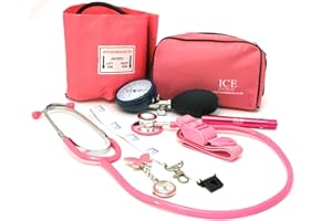 ICE MEDICAL Rose Moniteur de pression sanguine Sphygmomanomètre anéroïde, stéthoscope, lampe stylo (Stylo Torche), Garrot, papillon Montre infirmière, cordon Support carte d'identité – Kit de démarrage