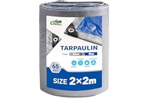 Covall Tarpaulin Light-Duty Tarp Groundsheet Sheet Cover 2x2m Waterproof 65g/m² Silver&Blue tarpaulin with eyelets Weatherproof Windproof UV-Resistant for Car Truck Rv House Tent Boat Pool