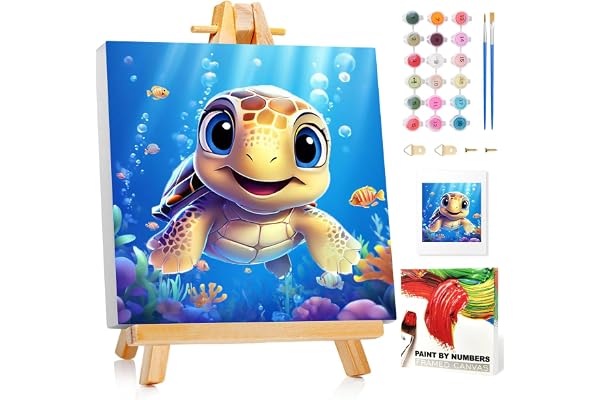 Mafenr Art Tortue Peinture Numero Enfant Avec Cadre et Chevalet, Tortue Peinture par Numero Enfant, Peinture par Pour la Décoration de la Maison 20x20cm