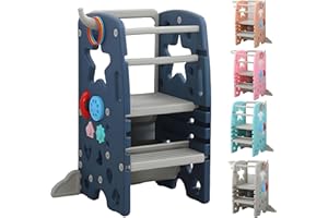 THUNDER GROUP Kids Step Stool, Adjustable Standing Platform | Learning Tower for 1+ Year Old | Toddler Learning Tower 4 Modes (Basketball, White Board, Busy Board, Rings) (Black Blue)