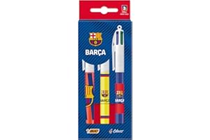BIC 4 Colours FC BARCELONA Bolígrafos Retráctiles de Punta Media (1,0 mm) en Colores Clásicos - Pack de 3 con Diseños Oficiales Azulgranas y Escudo del Club