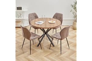GrandCA HOME Set Tavolo e Sedie da Pranzo, Tavolo da Pranzo Rotondo da 100 CM e 4 Sedie Moderne in Lino, per Sala da Pranzo, Cucina, Soggiorno (Buio + Marrone)