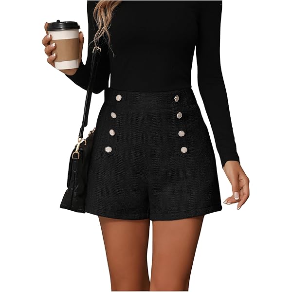 GORGLITTER Elegante korte broek voor dames, brede pijpen, zomershort, hoge taille, short met ritssluiting en ketting, zwart, S GORGLITTER Elegante korte broek voor dames, brede pijpen, zomershort, hoge taille, short met ritssluiting en ketting, zwart, S