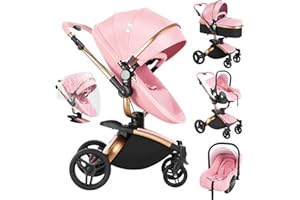 Veitoalioy Cuir PU Poussette 3 en 1, 360°Siège Pivotant Poussette Bebe Pliante, Haute vue Poussette Poussant Avant Et Arrière, Système De Voyage Pour Bébé 0-36 Mois (906 Pink)