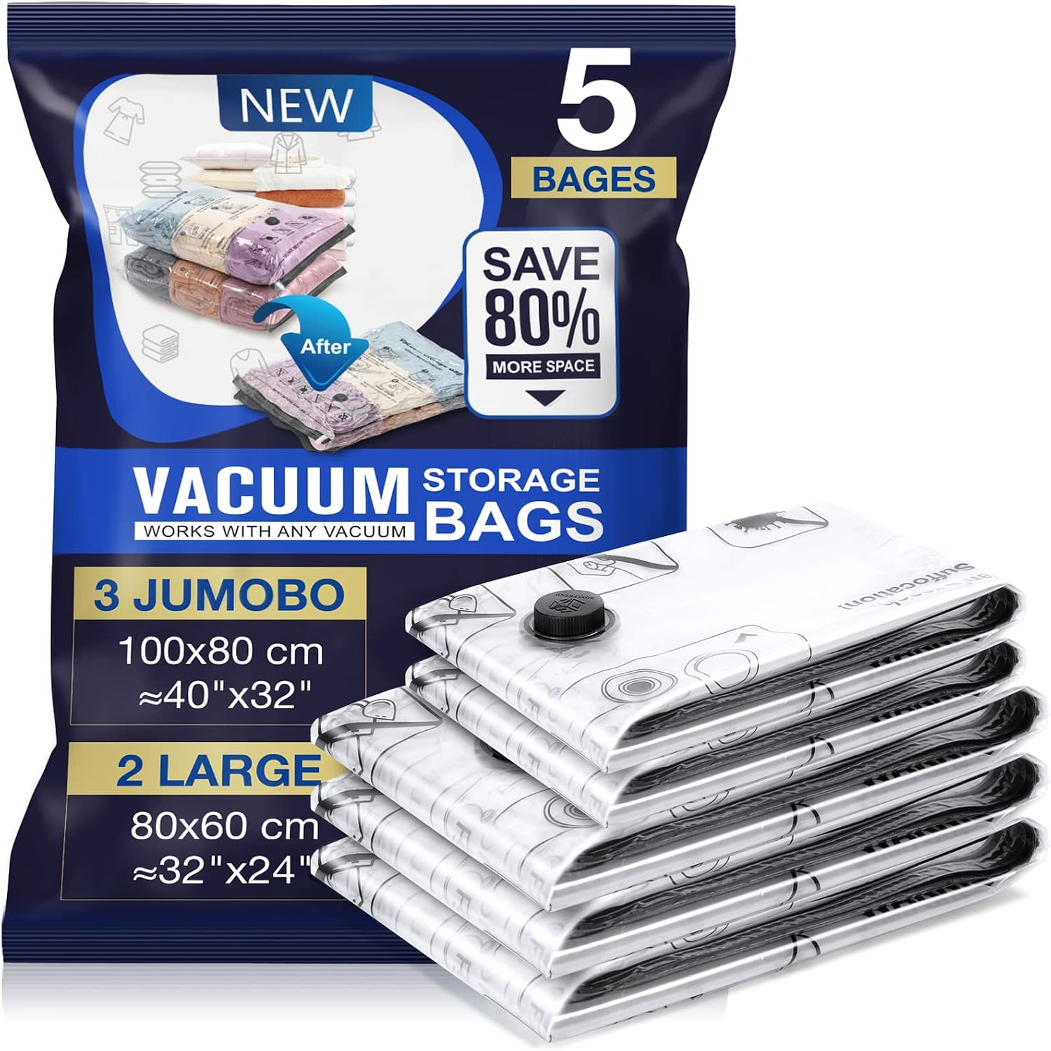 Accenter Sac Sous Vide Vetement Aspirateur 5 Pièces 3XL 100X80cm 2L 80x60cm Housse de Rangement Sous Vide Place Gagnée Sac Sous Vide Couette Stockez Vêtements la Literie et les Bagages
