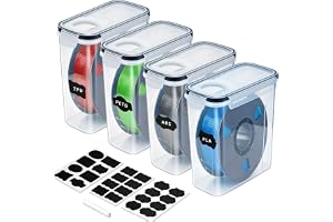 Filament förvaringslåda set om 4 – 4,0 l, lufttät, fuktskydd | Filamentlåda för 1 kg spolar PLA, PETG, TPU, transparent, vattentät, med 24 etiketter och markörer, för filament med 3D-tryck