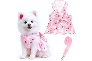 HJZHII Dog Dresses for Small Dogs Girls, Floral Print Puppy Clothes Bowknot Harness Dress Doggy Princess Spring Summer Breathable Female Pet Skirts Outfits with Collar Leash Attachment(Pink, S)