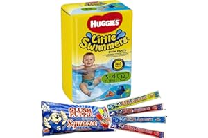 FANCY LABELS Swim Nappies Bundle with Huggies Little Swimmers Disposable Swim Nappies, Size 3-4, Pack of 12 Nappies and Slush Puppie The Original Squeezee Ice Lollies 10x 60ml with 4 Freeze Pops Flavours