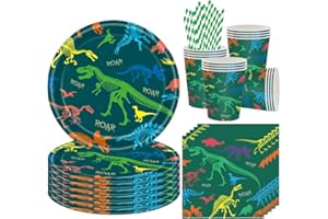 AUGESAK 68 Stück Dinosaurier Partygeschirr für 16 Gäste, Dinosaurier Geburtstag Geschirr, Dino Partyteller Becher Servietten, Jura Party Deko für Junge Mädchen Kindergeburtstag