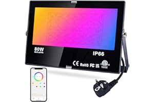 ‎DUSKTEC DUSKTEC LED Strahler Außen RGB, Außenstrahler Bunt 80W Smart, Flutlicht Dimmbar Warmweiß Innen, Flutlichtstrahler Outdoor Bluetooth mit Stecker Farbwechsel, Baumstrahler IP66 Wasserdicht für Garten