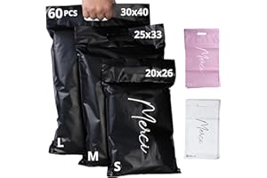 ‎EMBALLAX 60 Versandtaschen Warensendung - 3 Größen S/M/L - 100% UNDURCHSICHTIG/WIDERSTANDSFÄHIG/WASSERDICHT - Versandtüten für Kleidung - Umschlag für Kartons - Versandbeutel - Versandtasche Danke Schwarz