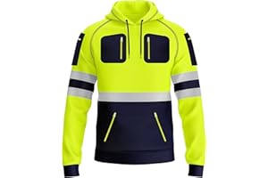 trending babz New Mens Hi Vis Hoodie Safety Work Sweatshirt Reflective Tape High Viz Hoodie High Visibility Pullover Sweatshirt Top Multi Zipped Pockets S/2XL