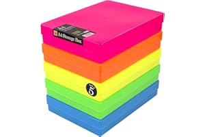 WestonBoxes A4 Colourful Transparent Plastic Craft Storage Boxes with Lids for Art Supplies, Paper and Card (NEON Mix/Opaque, Pack of 5)
