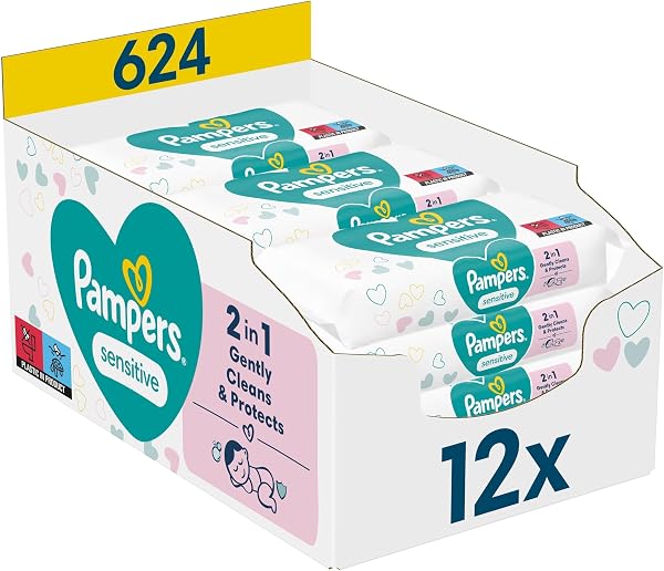 Pampers Sensitive Feuchttücher 12 Packungen mit 52 Stück - 624 Feuchttücher, ohne Duft, für eine sanfte und weiche Reinigung - 1