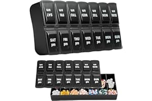 UPUPGO Pilulier Semainier Matin et Soir, Piluliers Medicaments 7 Jours 14 Compartiments, oîte à Pilules à Médicaments au Design Unique Facile à Ouvrir Boîte à Pilules (Noir)