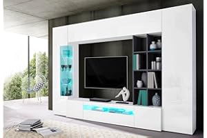 Dmora Parete attrezzata da Soggiorno, Made in Italy, con Luce LED Blu, Base Porta TV e pensili e scaffali, cm 290x40h192, Colore Bianco Lucido e Grigio Cenere