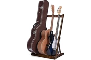IKKLE Multiple Guitar Stand, Guitar Holder with Felt Pad and Pick Slot, Hardwood Guitar Rack with Support Pole for 5 Bass&Electric, 3 Acoustic&Classical