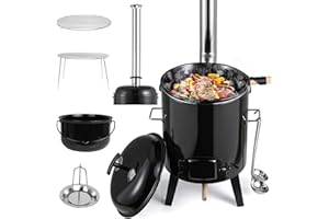 TLSUNNY Gulaschkanone, Kesselgulasch Topf, Ungarischer Gulaschkessel mit Deckel, Suppenkessel, Kugelgrill mit 85cm Kamin + Thermometer, 2 Esslöffel, 17L+8L Eintopfofen Emailliert für Outdoor