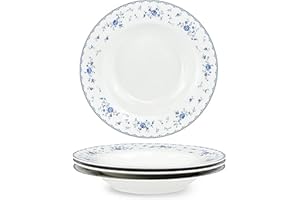 fanquare Zestaw 4 pustych talerzy porcelanowych, 21,8 cm niebiesko-białe talerze do makaronu, białe miski do zupy