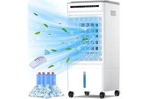 SUPERUVISTARE Climatiseurs Mobile par Évaporation Portables, Refroidisseur d'air 4 en 1 Ventilateur Humidificateur 65W avec Fonction Ions Négatifs, 7H Minuterie, Réservoir d'eau 5L avec Roues Télécommande