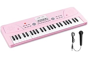 Max KD49 Clavier Électronique 49 Touches - Rose, Synthétiseur Enfant, Deux Haut-parleurs Intégrés, Batterie Rechargeable, USB-C, Microphone Inclus, Idéal pour Initier votre Enfant à la Musique