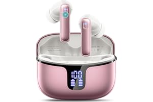 Renimer Auriculares Inalámbricos Bluetooth 5.3 con 4 HD Mic, 40H HiFi Estéreo Cascos Inalámbricos Bluetooth con Pantalla LED, Reducción de Ruido, 14.2mm Controlador Dinámico, IP7 Impermeable（oro rosa）