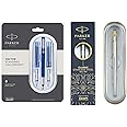 Parker Calligraphy CT Fountain Pen (Blue), 7 Piece Set Moments Classic Gold Trim Ball Pen (Silver)