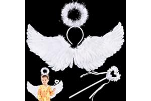 MECCTUCK 3 białe skrzydła anioła, kostium anioła, dekoracja skrzydeł anioła, kostium damski, kostium anioła, w zestawie z aureolą i czarodziejską różdżką, kostium na Halloween, karnawał, maskaradę, Nowy Rok, urodziny