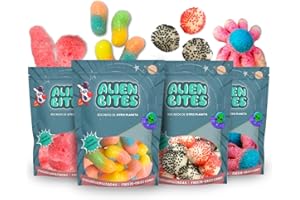 Alien Bites - Pack de 4 Bolsas de 50g de Chuches Liofilizadas - Gominolas Freeze Dried - Chuches para Cumpleaños, Regalos y Snacks (mora, llave, pulpo, lágrimas) (P5)