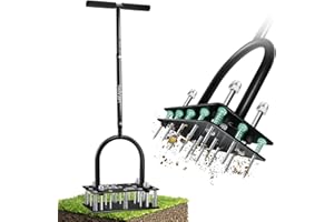 VIBINHO Arieggiatore per Prato, 15 Punte in Ferro Arieggiatore Prato, Pulizia Automatica di Foglie e Sporcizia Aeratore Prato, Carotatrice Prato Regolabili in Altezza per Prato, Cortile e Giardino