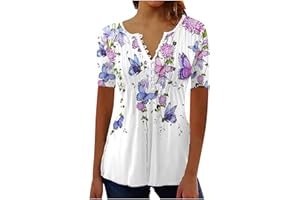 AMhomely Summer Tops for Women's Casual Shirt XXL V Neck Short Sleeve Tunic Blouses Loose Fit Pleated Shirts Floral Print Button Down Ladies Henley T-Shirts