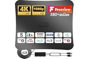BAOLUOD TV Aerial - Indoor TV Aerial 380 Miles Range Reception with Amplifier Signal Booster, Freeview TV Antenna Support 4K 1080P HDTV & 16.4ft Coax Cable