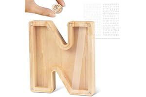 LEcylankEr Tirelire Personnalisée pour Enfants avec Lettres de A à Z en Bois Transparente - Décoration Créative - Cadeaux pour Anniversaire, Noël, Thanksgiving (N)