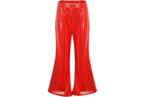 RAOPUZI Pantalones Largos Acampanados Pantalon Lentejuelas Niño Pantalones Niña Retro de Cuero Metálico Brillante para Danza Pantalón Chandal Jazz Cintura Elástica Traje de Baile para Fiesta Actuación