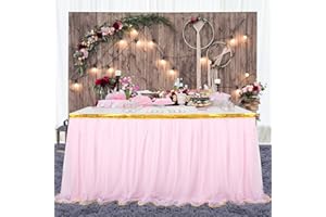 Htper Pink Tulle Table Skirt with Sequins for Baby Shower, Table Decoration Tutu Table Skirt for Cakes, Birthday, Christening, Wedding Tables, L427 x H76 cm