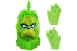FDRJKN Grinch Mask Costume with Green Furry Fur - The Grinch - Christmas Cosplay Party Full Face Latex Helmet Costume Props Furry Gloves