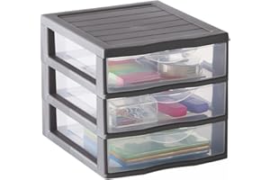 SUNDIS Orgamix, petite tour de rangement en plastique gris, 3 tiroirs transparents format A6, hauteur 17 cm, superposable, idéale rangement cosmétiques, bijoux, accessoires, fournitures
