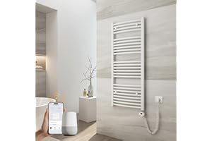 EMKE Handtuchheizkörper Elektrisch mit Thermostat 1200 x 500 mm, WiFi Intelligenter Gebogen Badheizkörper Elektrischer Handtuchwärmer Handtuchhalter mit Heizstab Weiß 500 Watt