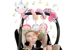 Kulveanju Baby Spiral Pram Toy 0-6 Months - Musical Plush Spiral Activity Hanging Toys for Babies Pushchair Stroller/Car Seat/Crib, Sensory Education Gifts for Newborn 6-12 Months Boys Girls, Pink