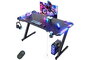 Devoko Mesa Gaming LED 120 x 60 cm, Escritorio Gaming de Fibra de Carbono, Mesa de Juego, Escritorio de Juego Ergonómico con Ganchos para Auriculares y Soporte para Vasos de Agua
