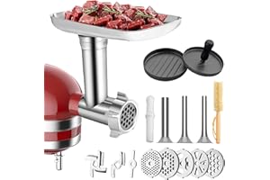 HOMGEN Hachoir à Viande pour Tous les Batteurs sur Socle Kitchenaid - Hachoir à Viande en Acier Inoxydable Inclus Tubes de Poussoir Saucisses, Plaques de Broyage, Lames de Broyage, presse à hamburger